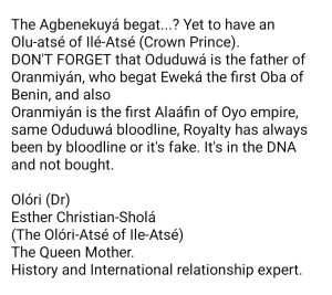 Do you know that Dr Christian-Sholá, The Agbenekuyá is the Direct Royal bloodline descendant of Oduduwá, Oba Oluá and Olu Akengbuwá 5 IMG 20250823 WA00311 300x267 1 Do you know that Dr Christian-Sholá, The Agbenekuyá is the Direct Royal bloodline descendant of Oduduwá, Oba Oluá and Olu Akengbuwá